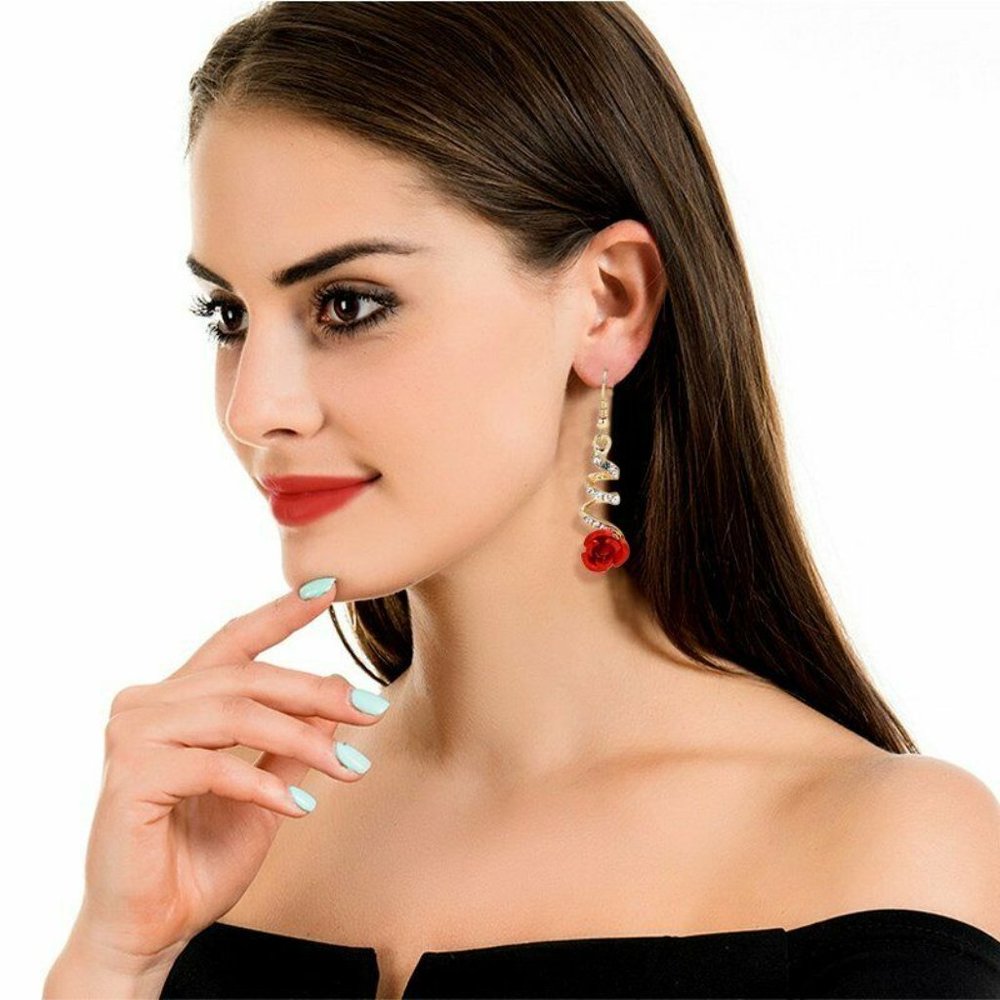 NEW GORGEOUS Red Rose Drop Dangle Sparkling Spiral Earrings SPECIAL EVENT - Picture 6 of 6